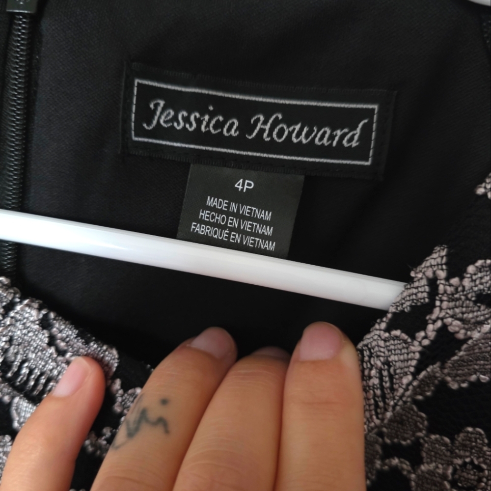 Jessica Howard Blackand Silver Lace Shift Dress‎ 3/4 Sheer Sleeve Sz 4P - Picture 7 of 8